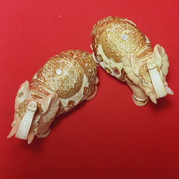 Decorated Elephant Trunk Up Statue Figurine Home Decor Set of 2 - Picture 4 of 13